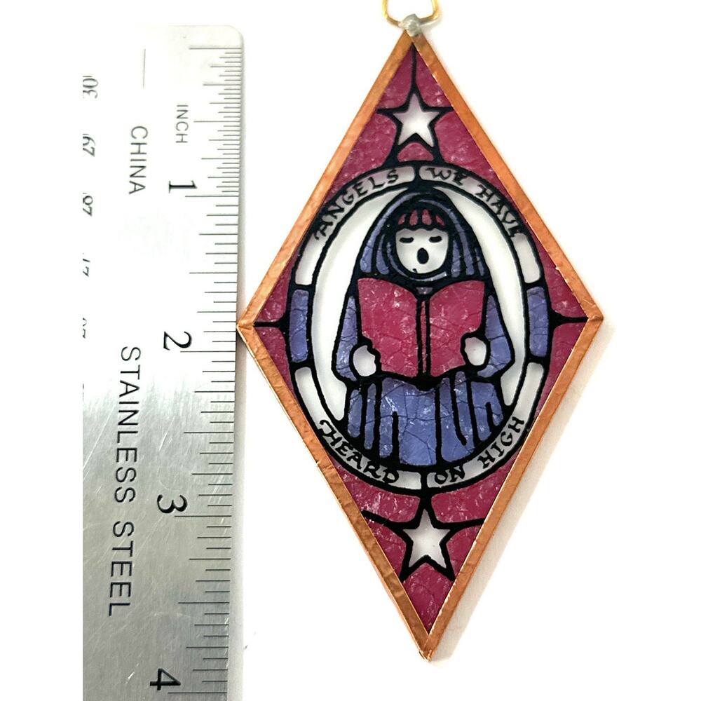 Stained Glass Christmas Ornament Angels We Have Heard On High Choir Copper Frame - Picture 2 of 4